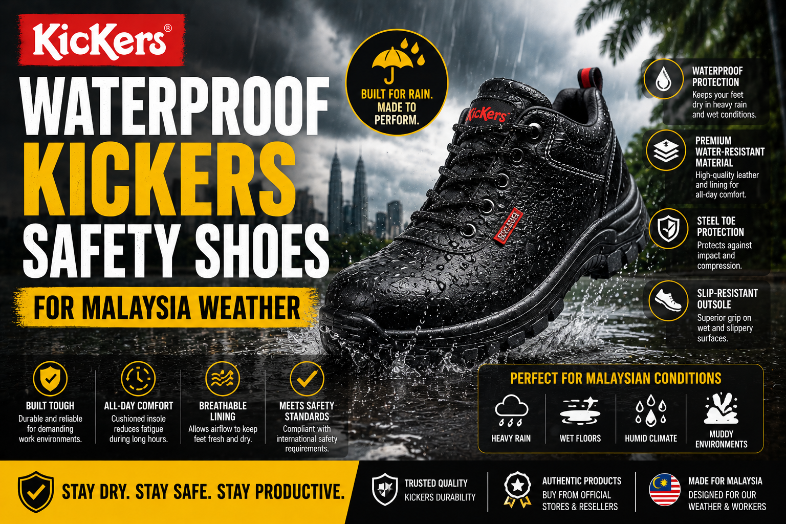 Waterproof Kickers Safety Shoes for Malaysia Weather